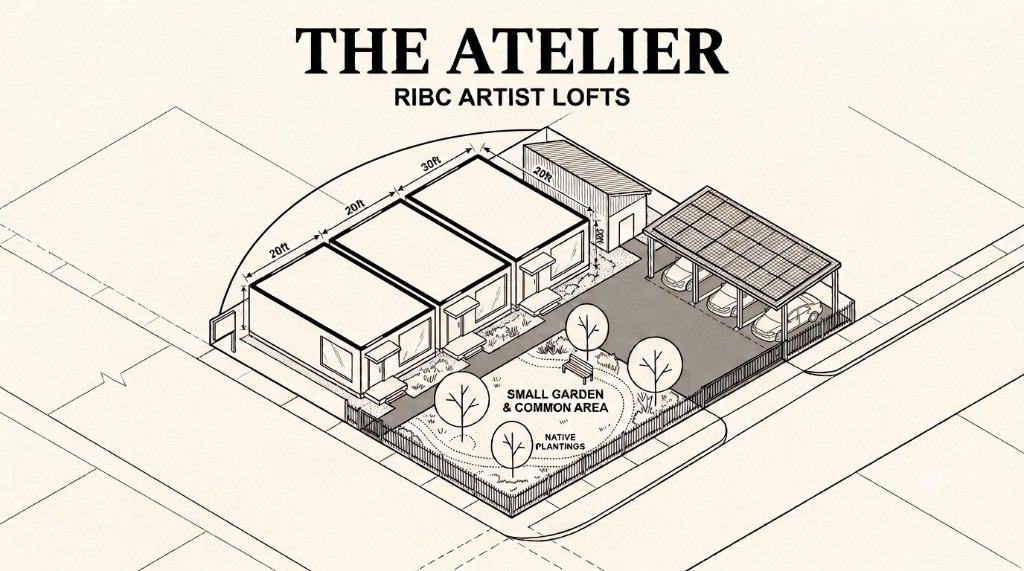 Site plan for The Atelier RIBC Artist Lofts — studio units, garden, and solar carport