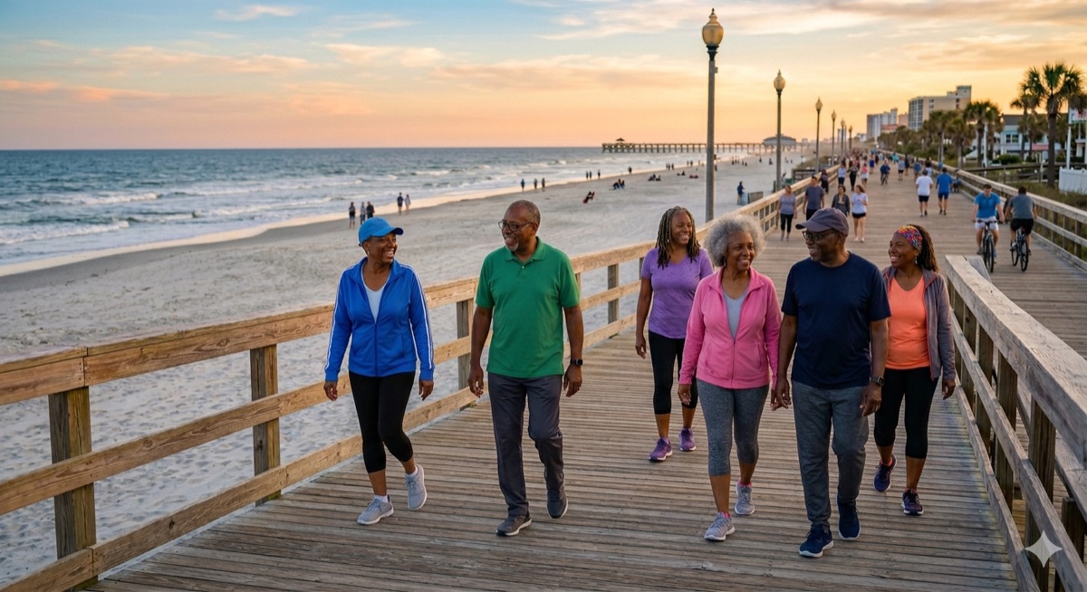 Active seniors walking together on the boardwalk at sunset