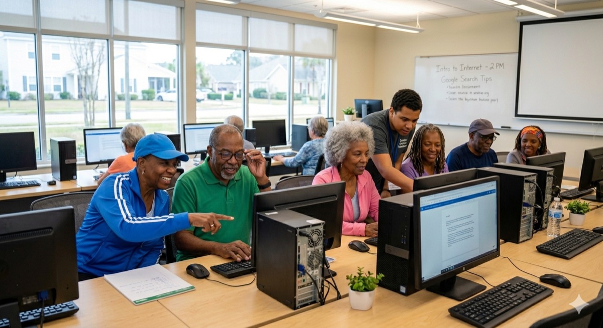 Seniors learning computer and internet skills in a community classroom